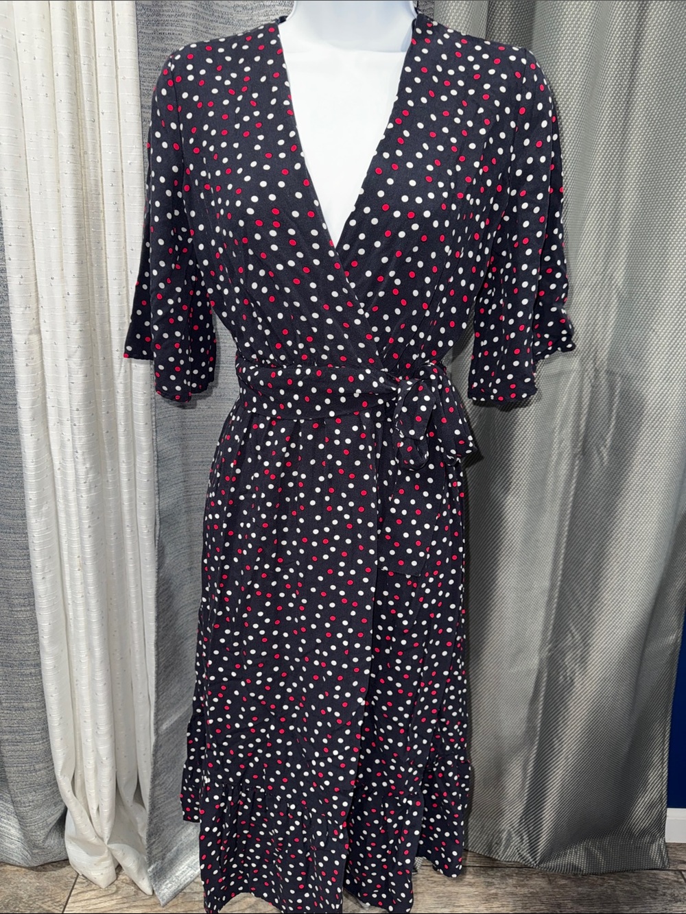 ZARA- Navy Polka Dot Wrap Midi Dress Size: XS - Picture 3 of 15